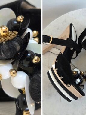 Nelly Venturi Suede Platform Heel Sandals Buckle Strap Studs Jewels Wooden Heel